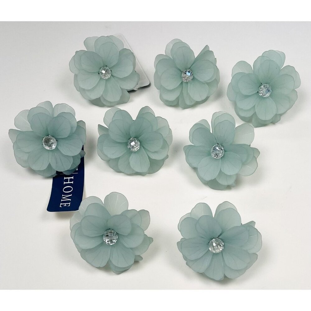 Set of 8 C&F HOME 2.5" Teal Flower Silvertone & Rhinestone NAPKIN RINGS NWT NEW